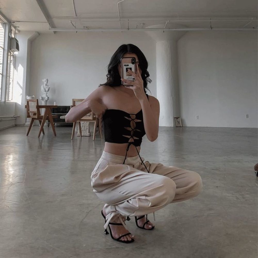 Shiny Lace Up Top - black size s